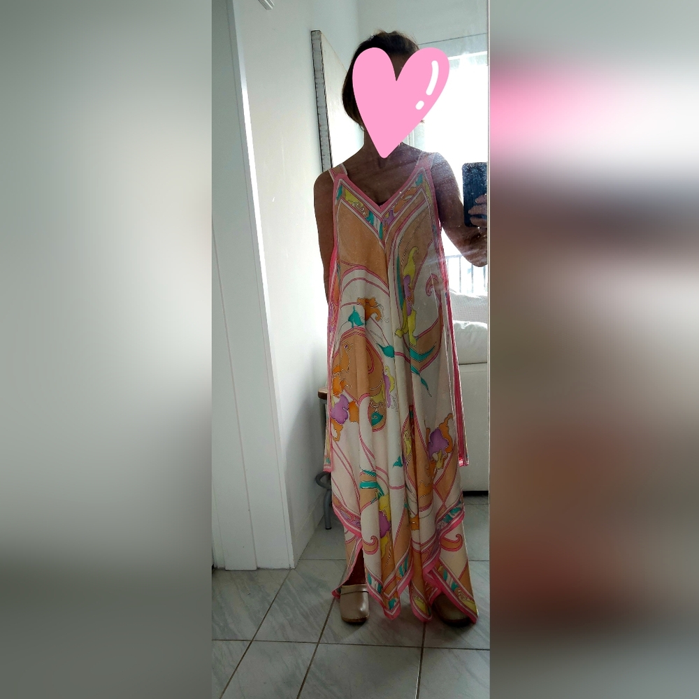 BRIJO Vintage Pastel Rolled Jacquard Silk Hankerchief V Tank Maxi Dress - Picture 15 of 16